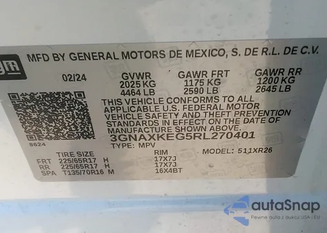 2024 Chevrolet Equinox Fwd Lt z USA, uszkodzony, nr VIN 3GNAXKEG5RL270401